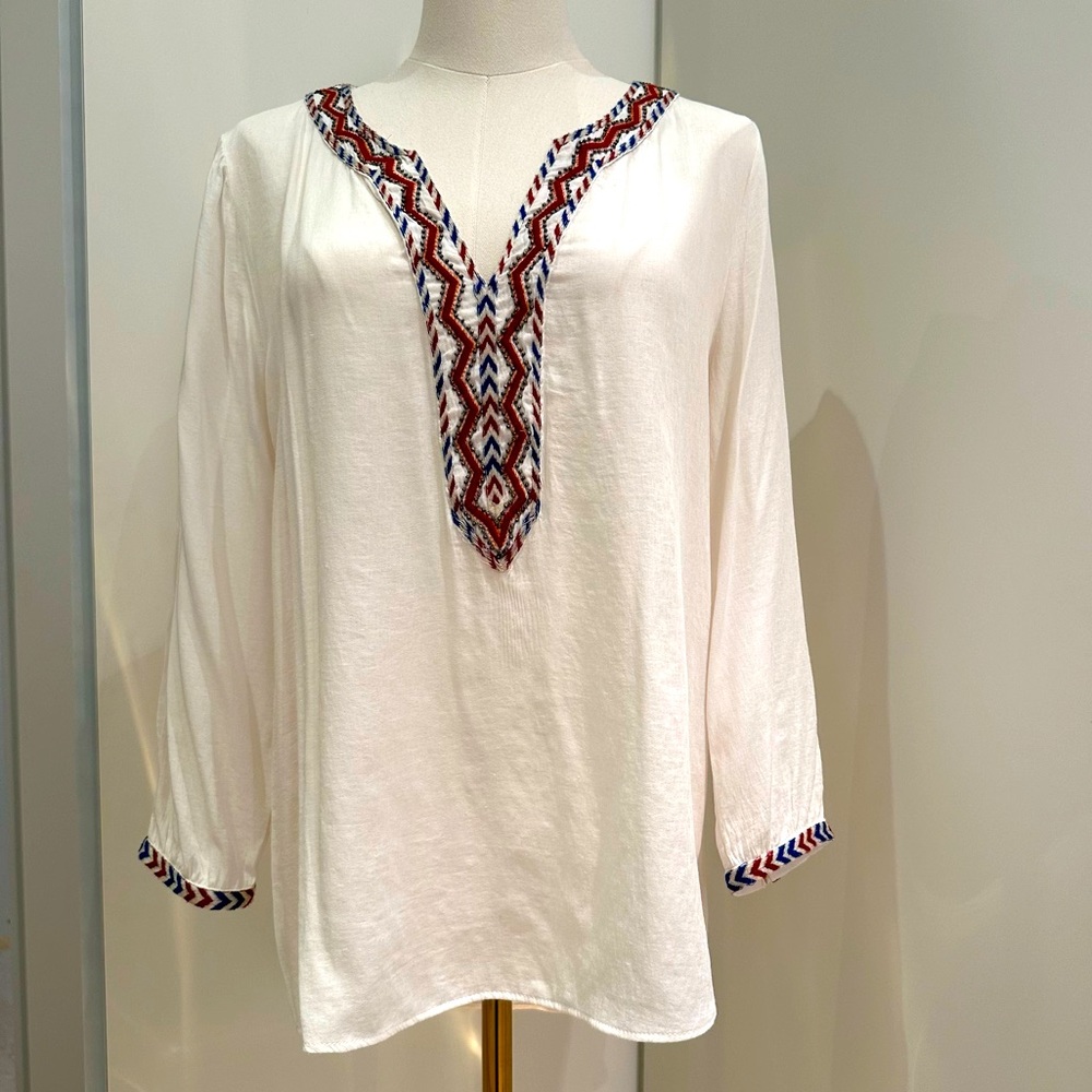 ZARA white top with red and blue embroidery size M